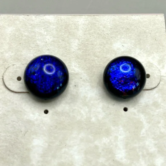 Blue Dichroic Glass Stud Earrings - Picture 1 of 4